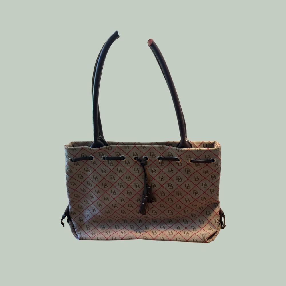 Dooney & Bourke Y2K Signature DB Monogram Drawstring Tote Bag Tan Red